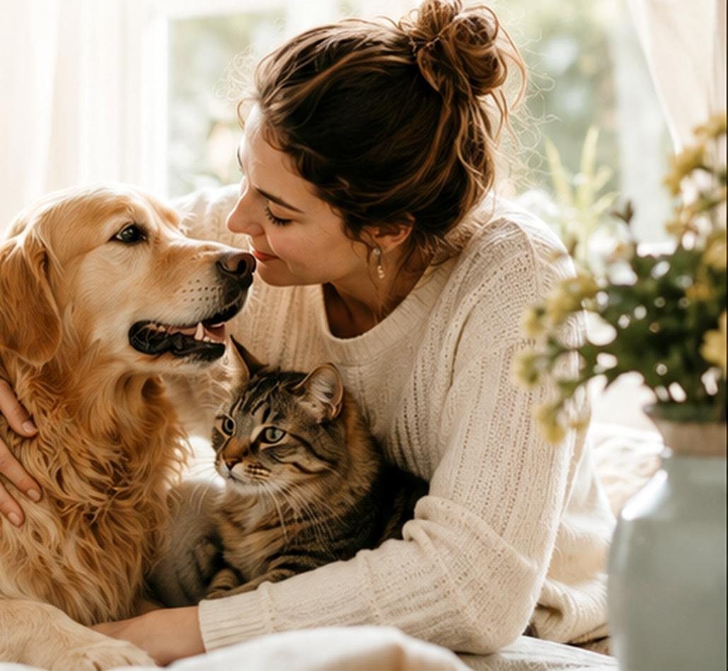 Une femme avec son chien et son chat